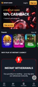 Instant Casino mobile screenshot